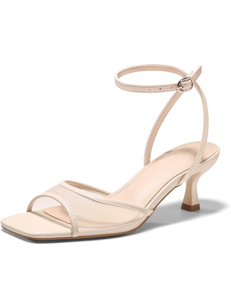 Women's Nude Kitten Low Heels Sandals Mesh Square Open Toe Buckle Ankle Strap